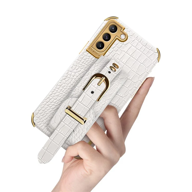 6D Crocodile Texture PU Leather Coated TPU Electroplated Phone Case with Wrist Strap for Samsung Galaxy S21 5G/4G - White