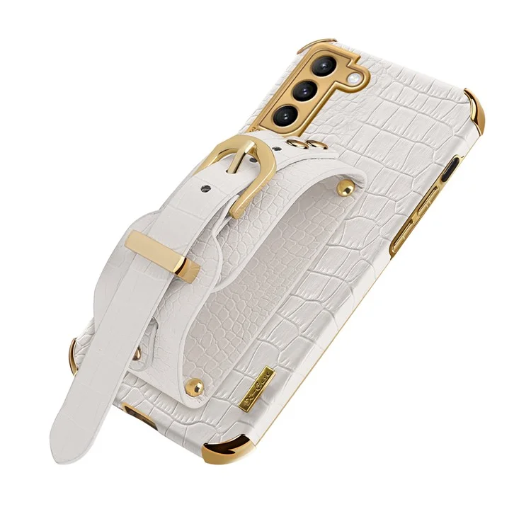 6D Crocodile Texture PU Leather Coated TPU Electroplated Phone Case with Wrist Strap for Samsung Galaxy S21 5G/4G - White