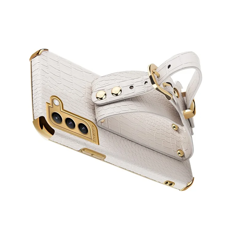 6D Crocodile Texture PU Leather Coated TPU Electroplated Phone Case with Wrist Strap for Samsung Galaxy S21 5G/4G - White