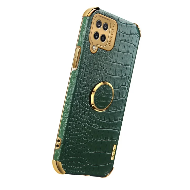 Electroplating Crocodile Texture PU Leather Design Precise Cutout TPU Phone Cover with Ring Holder for Samsung Galaxy A12 - Green