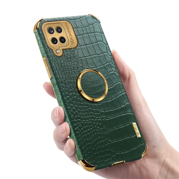 Electroplating Crocodile Texture PU Leather Design Precise Cutout TPU Phone Cover with Ring Holder for Samsung Galaxy A12 - Green