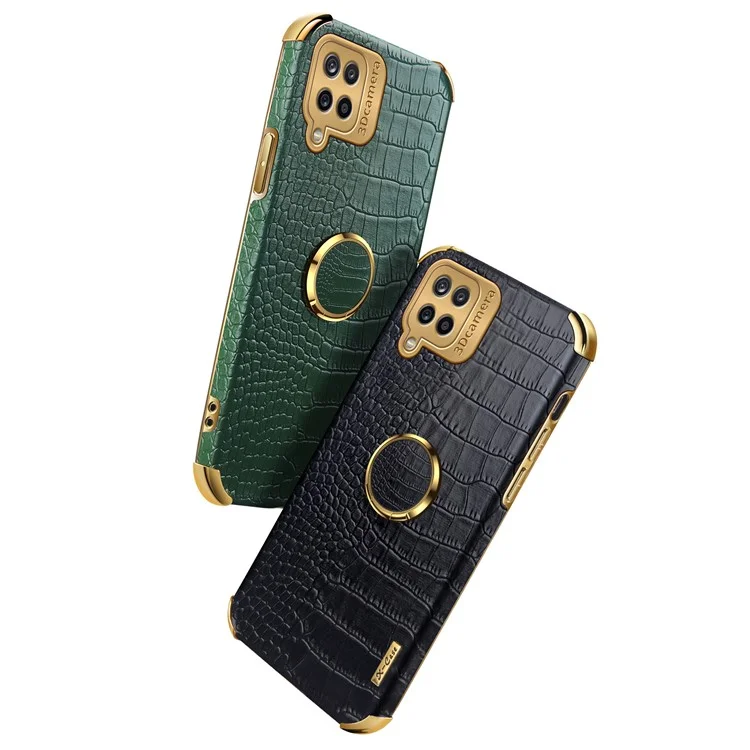 Electroplating Crocodile Texture PU Diseño de Cuero PU Cortada de Teléfono TPU Preciso Con Soporte de Anillo Para Samsung Galaxy A12 - Verde