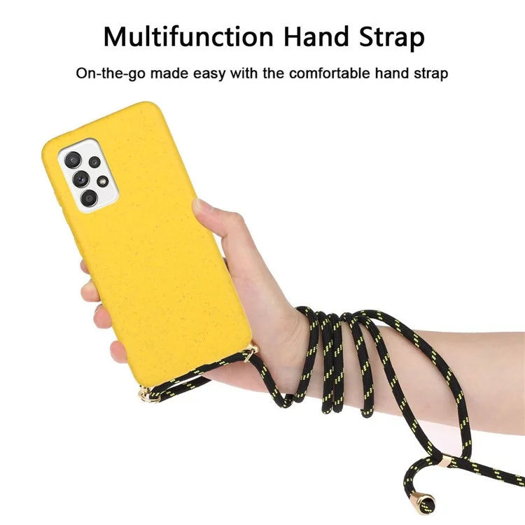 For Samsung Galaxy A52 5G/4G / A52s 5G Wheat Straw Style Soft TPU Phone Case with Long Hanging Strap - Yellow