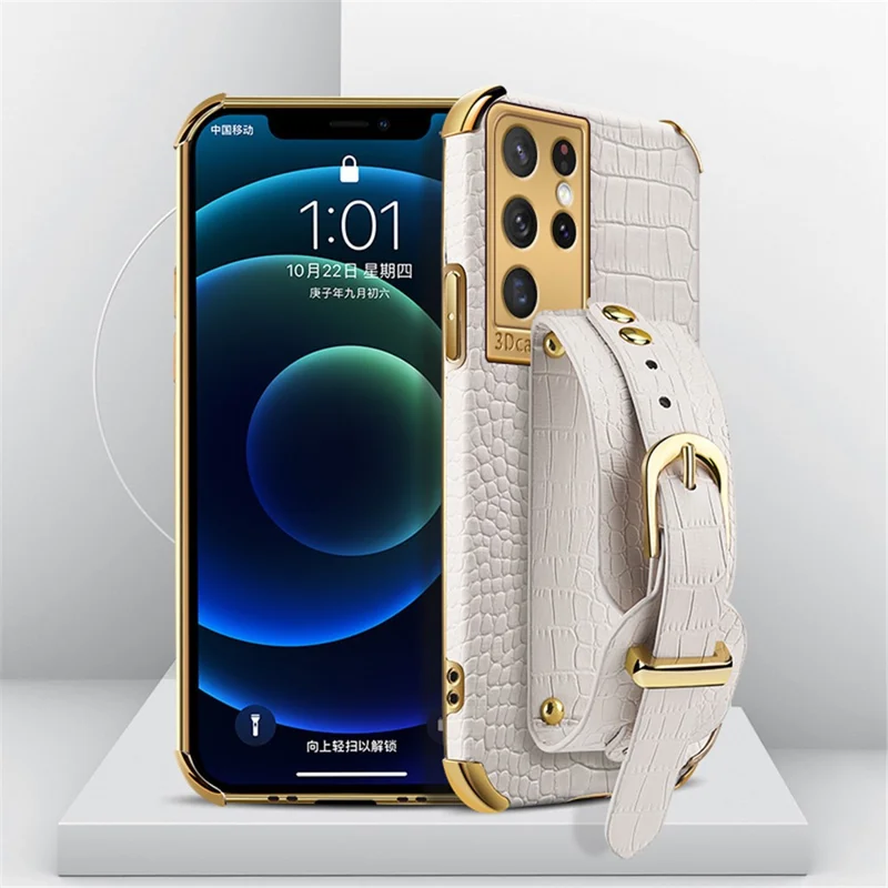 Kickstand Design 6D Electroplated Crocodile Texture PU Leather Coated TPU Phone Case with Hand Band Strap for Samsung Galaxy S21 Ultra 5G - White