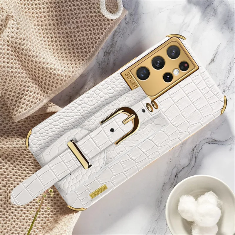 Kickstand Design 6D Electroplated Crocodile Texture PU Leather Coated TPU Phone Case with Hand Band Strap for Samsung Galaxy S21 Ultra 5G - White