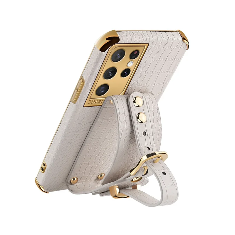Kickstand Design 6D Electroplated Crocodile Texture PU Leather Coated TPU Phone Case with Hand Band Strap for Samsung Galaxy S21 Ultra 5G - White