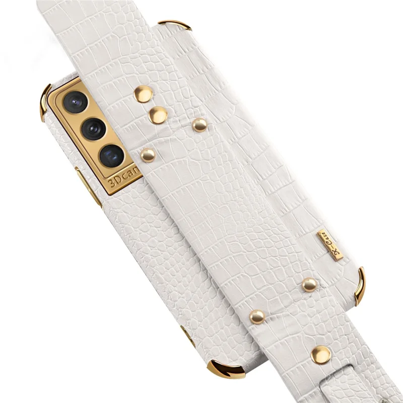 Kickstand Design 6D Electroplated Crocodile Texture PU Leather Coated TPU Phone Case with Hand Band Strap for Samsung Galaxy S21 Ultra 5G - White