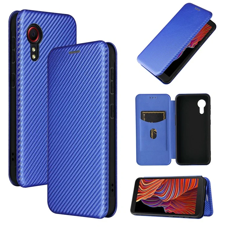 Funda de Piel Sintética con Textura de Fibra de Carbono Anti-arañazos y Soporte para Samsung Galaxy Xcover 5 - Azul