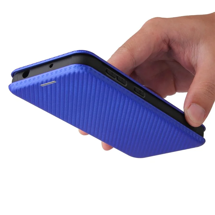 Funda de Piel Sintética con Textura de Fibra de Carbono Anti-arañazos y Soporte para Samsung Galaxy Xcover 5 - Azul