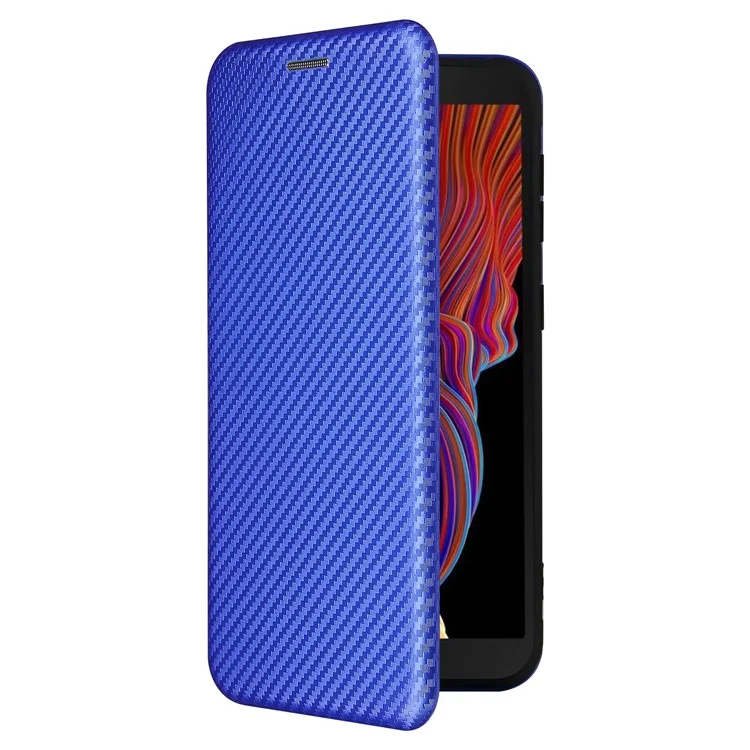 Funda de Piel Sintética con Textura de Fibra de Carbono Anti-arañazos y Soporte para Samsung Galaxy Xcover 5 - Azul
