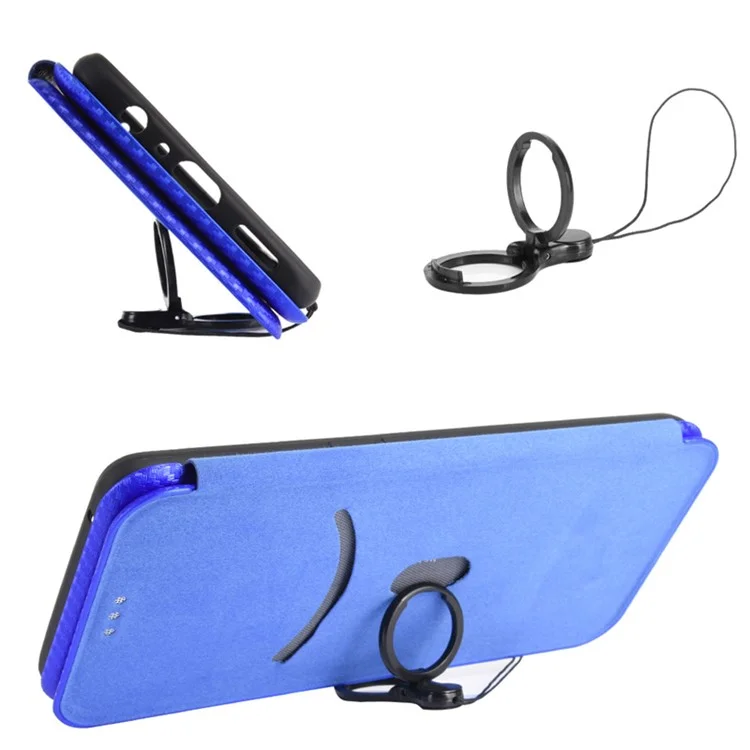 Funda de Piel Sintética con Textura de Fibra de Carbono Anti-arañazos y Soporte para Samsung Galaxy Xcover 5 - Azul