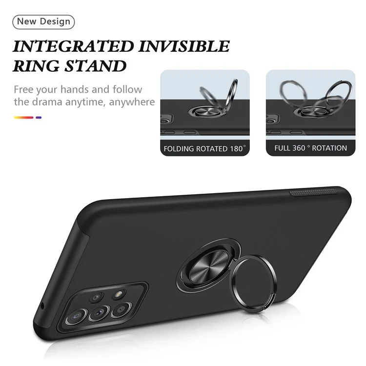 Shockproof Hybrid Phone Case Ring Shape Kickstand Design Cover for Samsung Galaxy A52 5G / 4G - Black