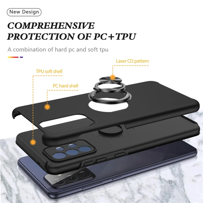 Anti-Fall Hybrid Phone Case Ring Shape Kickstand Design Cover for Samsung Galaxy A72 5G / 4G - Black