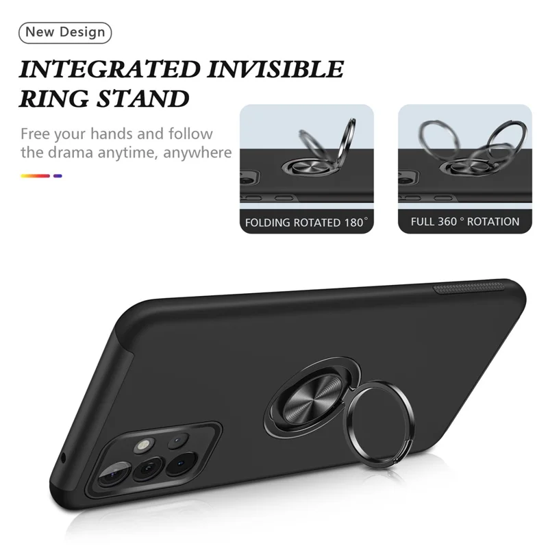 Anti-Fall Hybrid Phone Case Ring Shape Kickstand Design Cover for Samsung Galaxy A72 5G / 4G - Black