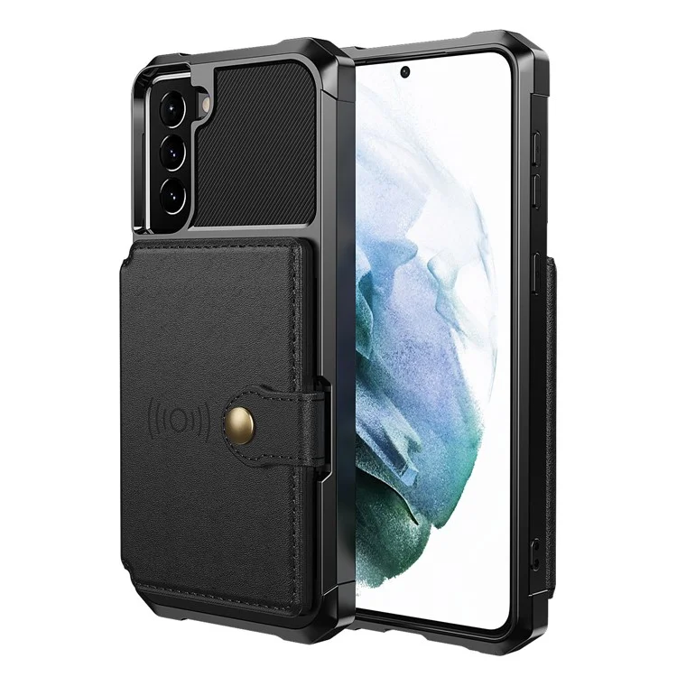 Kickstand Leather Coated TPU Protector Cover mit Kartenhalter [integriertes Magnetblatt] für Samsung Galaxy S21+ 5G - Schwarz