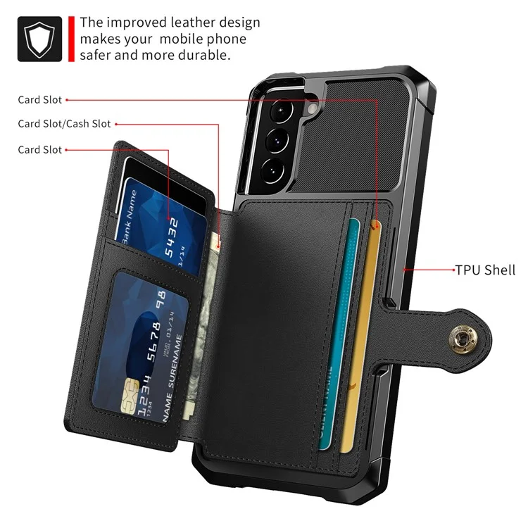 Kickstand Leather Coated TPU Protector Cover mit Kartenhalter [integriertes Magnetblatt] für Samsung Galaxy S21+ 5G - Schwarz