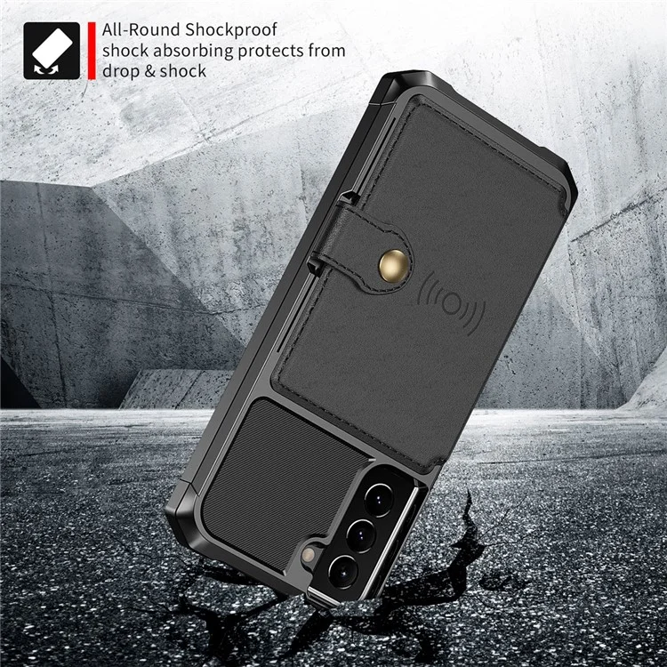 Kickstand Leather Coated TPU Protector Cover mit Kartenhalter [integriertes Magnetblatt] für Samsung Galaxy S21+ 5G - Schwarz