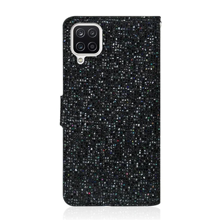 Glittery Powder Splicing Wallet Leather Case Stand Cover for Samsung Galaxy A12 - Black