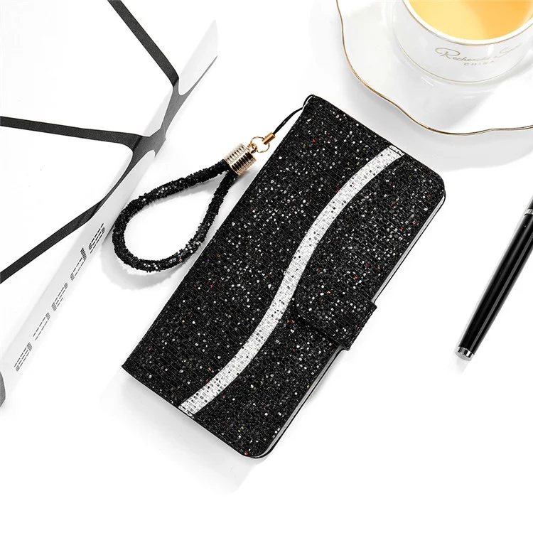 Glitzer Pulverspleißen Brieftasche Leder Hülle Ständer Cover Für Samsung Galaxy A12 - Schwarz