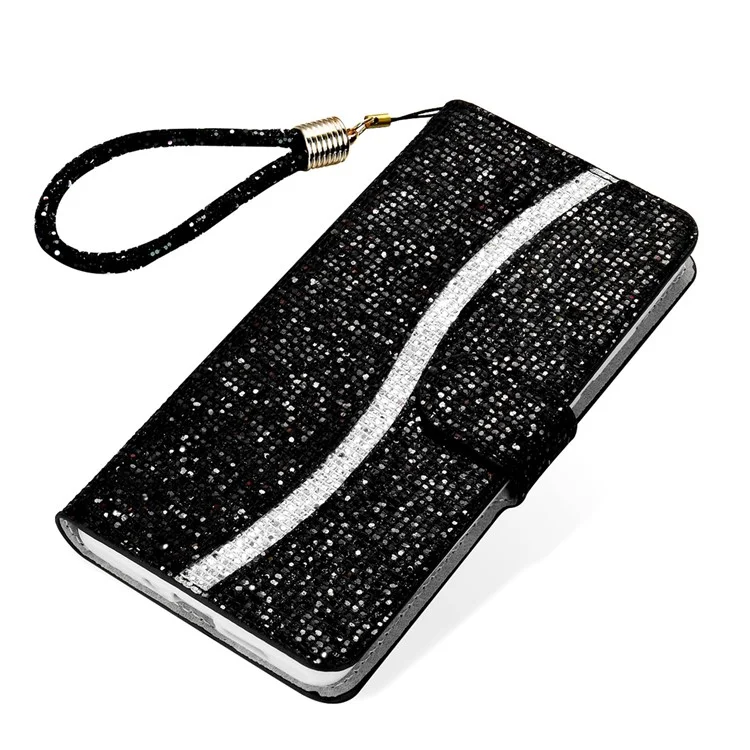 Glittery Powder Splicing Wallet Leather Case Stand Cover for Samsung Galaxy A12 - Black