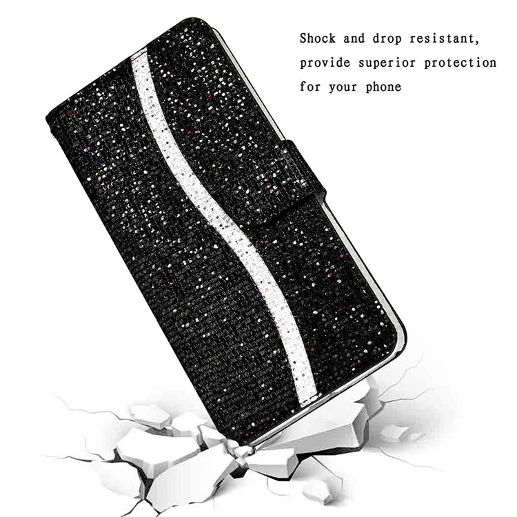 Glittery Powder Splicing Wallet Leather Case Stand Cover for Samsung Galaxy A12 - Black