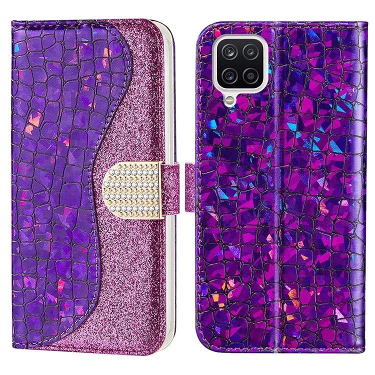 Crocodile Skin Glittery Powder Splicing Leather Stand Wallet Case for Samsung Galaxy A12 - Purple