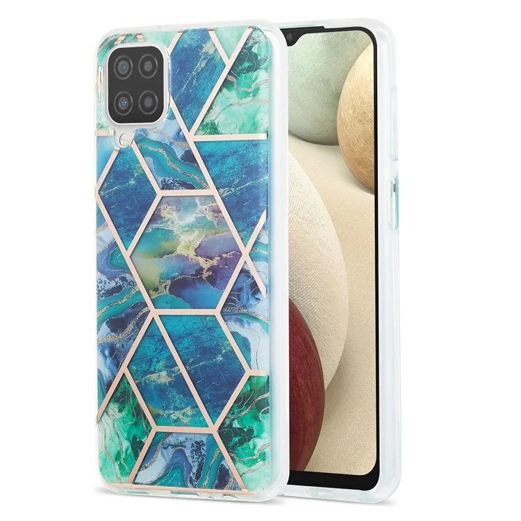 Marble Pattern Protector Plating IMD 2.0mm TPU Back Case for Samsung Galaxy A12/M12 - Blue/Green
