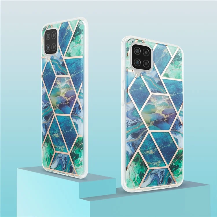 Marble Pattern Protector Plating IMD 2.0mm TPU Back Case for Samsung Galaxy A12/M12 - Blue/Green