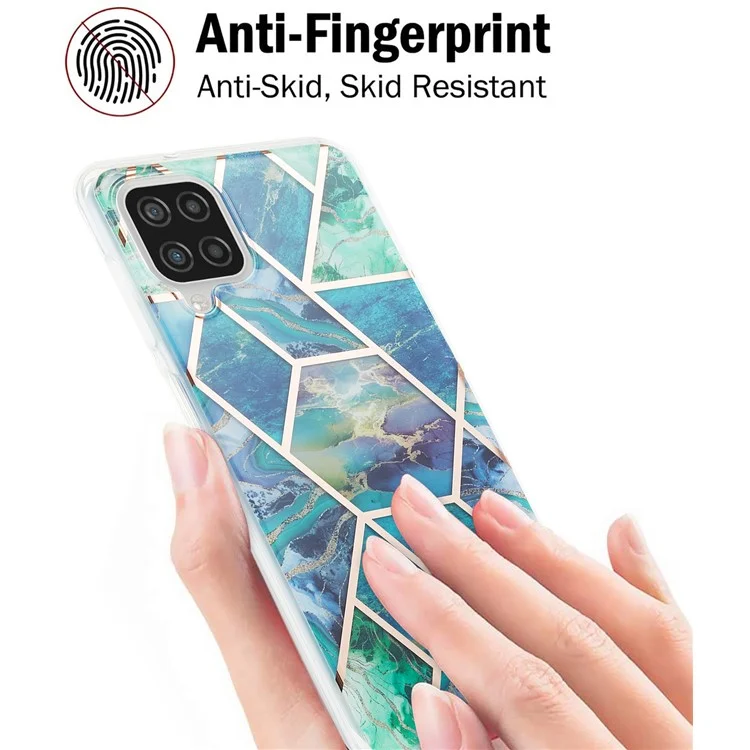 Marble Pattern Protector Plating IMD 2.0mm TPU Back Case for Samsung Galaxy A12/M12 - Blue/Green