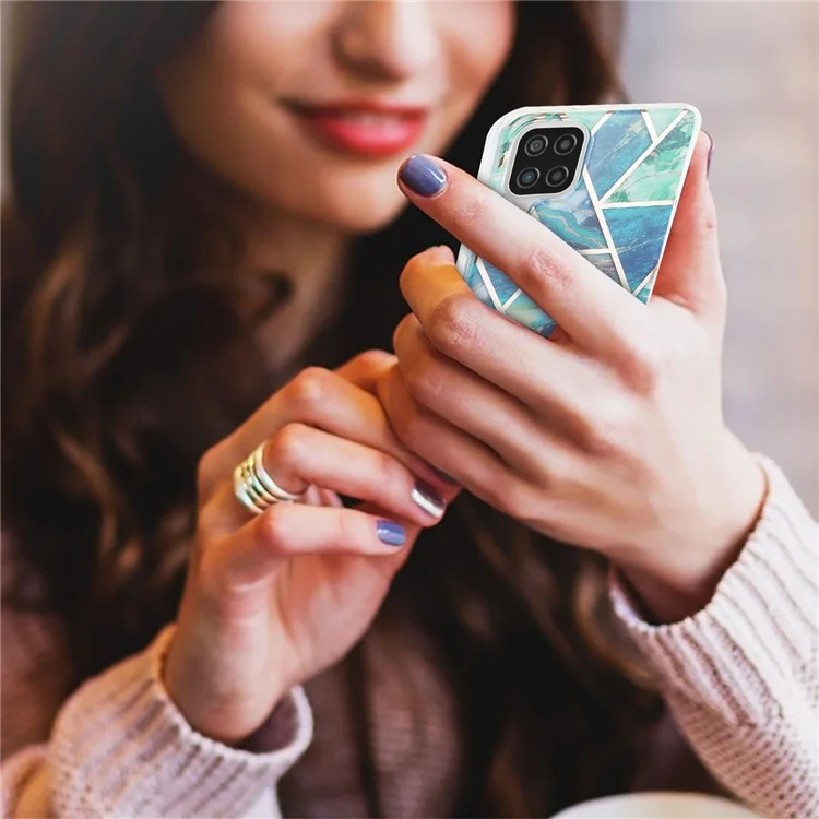 Marble Pattern Protector Plating IMD 2.0mm TPU Back Case for Samsung Galaxy A12/M12 - Blue/Green