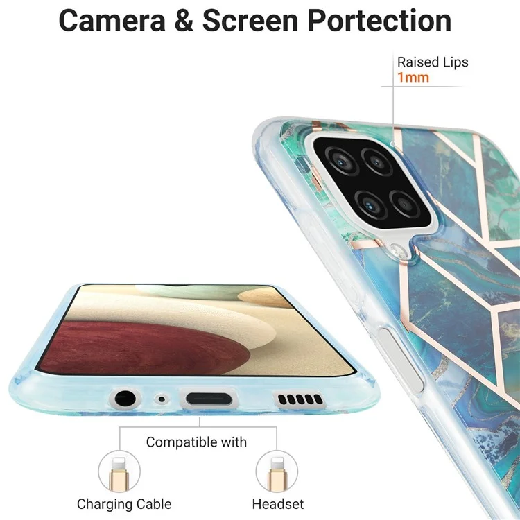 Marble Pattern Protector Plating IMD 2.0mm TPU Back Case for Samsung Galaxy A12/M12 - Blue/Green