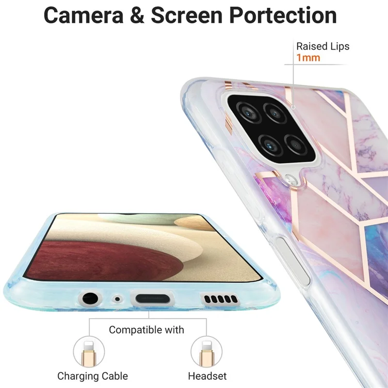 Marble Pattern Protector Plating IMD 2.0mm TPU Back Case for Samsung Galaxy A12/M12 - Light Purple