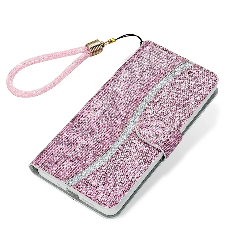 Glittery Powder Splicing Wallet Stand Leather Case for Samsung Galaxy A02s (164.2x75.9x9.1mm) - Pink