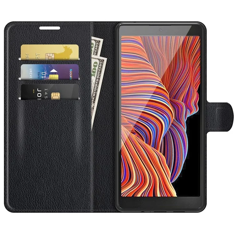 Litchi Skin Leather Wallet Stand Case for Samsung Galaxy Xcover 5 / Xcover 5S - Black