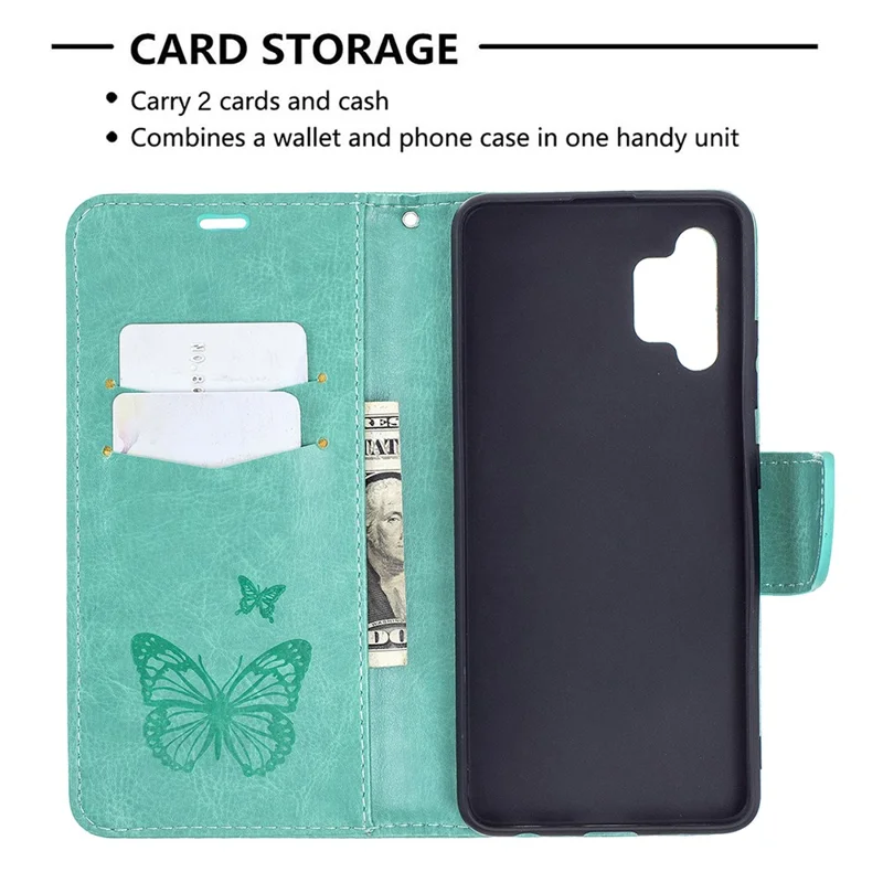 Imprint Butterfly Leather Wallet Case for Samsung Galaxy A32 4G (EU Version) - Green