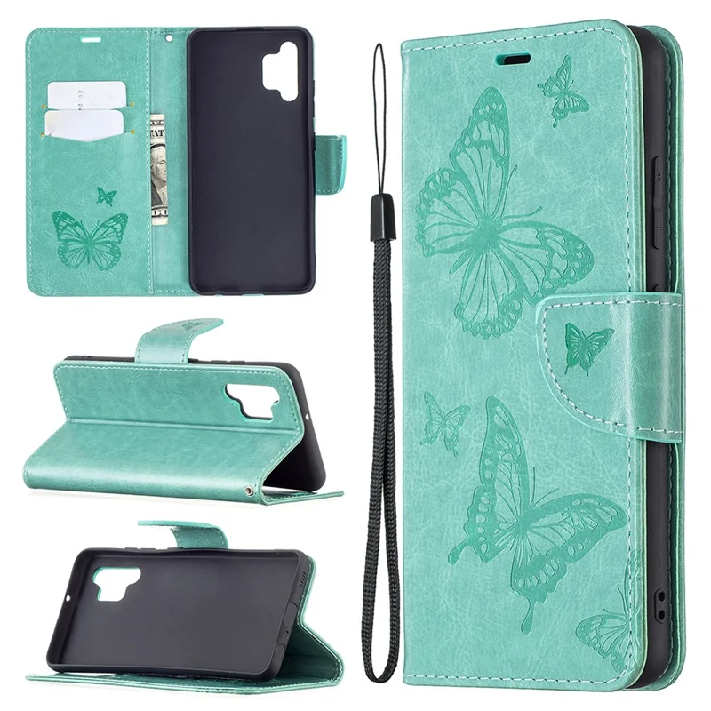Imprint Butterfly Leather Wallet Case for Samsung Galaxy A32 4G (EU Version) - Green