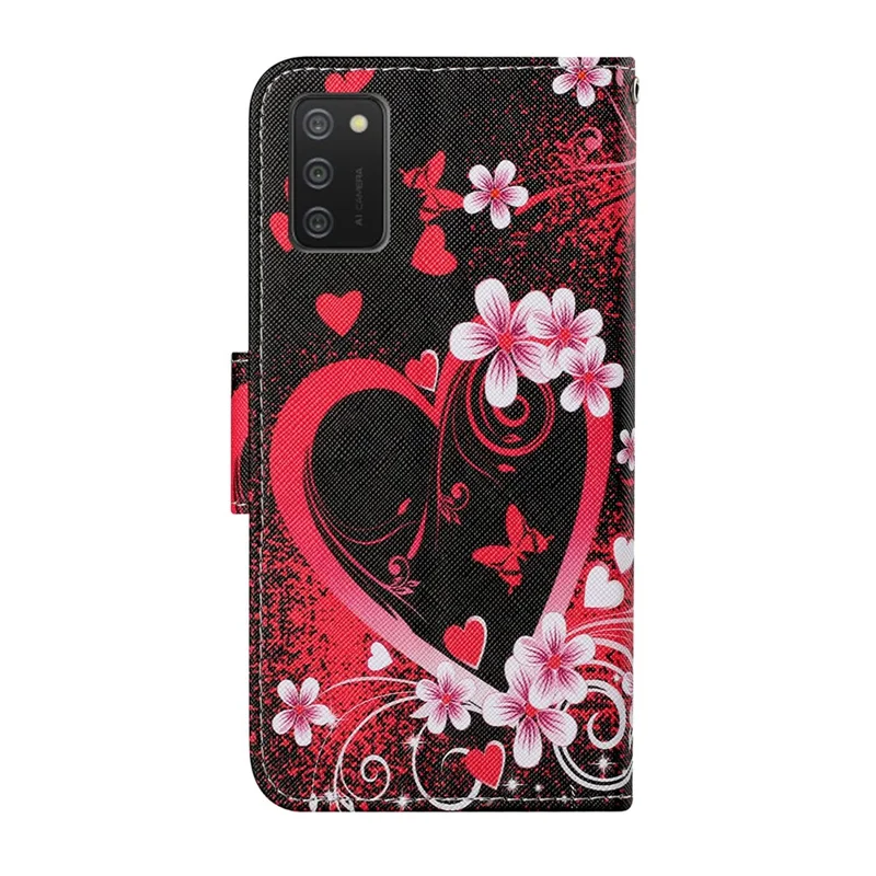 Wallet Design Pattern Printing Phone Cover PU Leather Stand Case with Strap for Samsung Galaxy A02s (164.2x75.9x9.1mm) - Heart