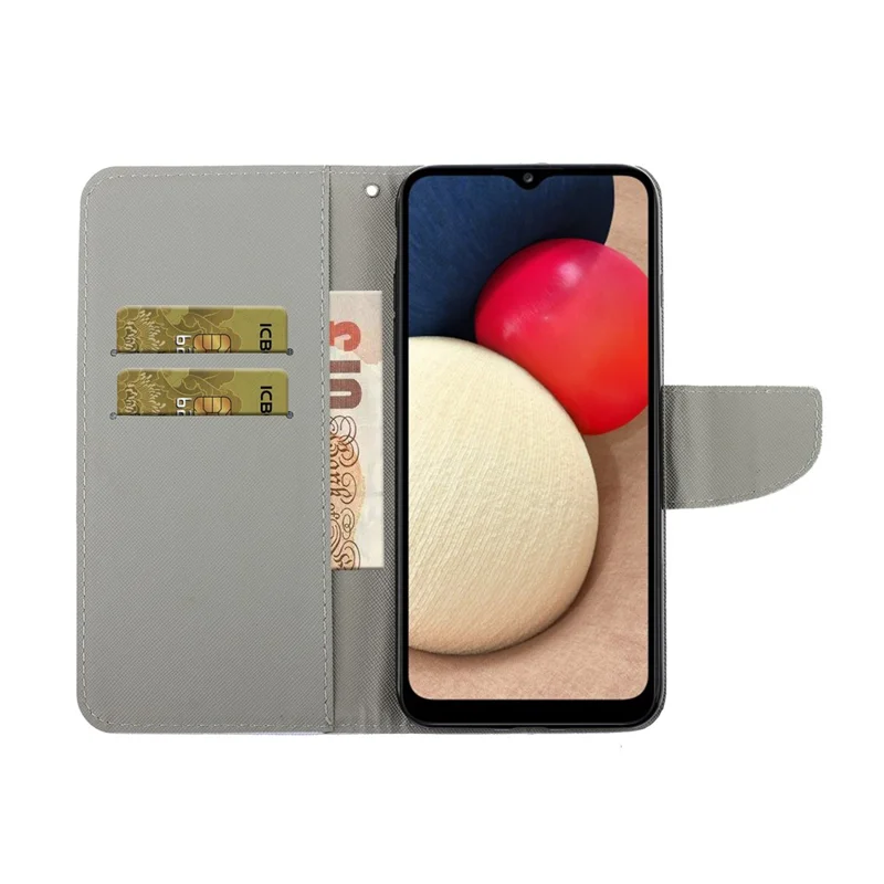 Wallet Design Pattern Printing Phone Cover PU Leather Stand Case with Strap for Samsung Galaxy A02s (164.2x75.9x9.1mm) - Heart