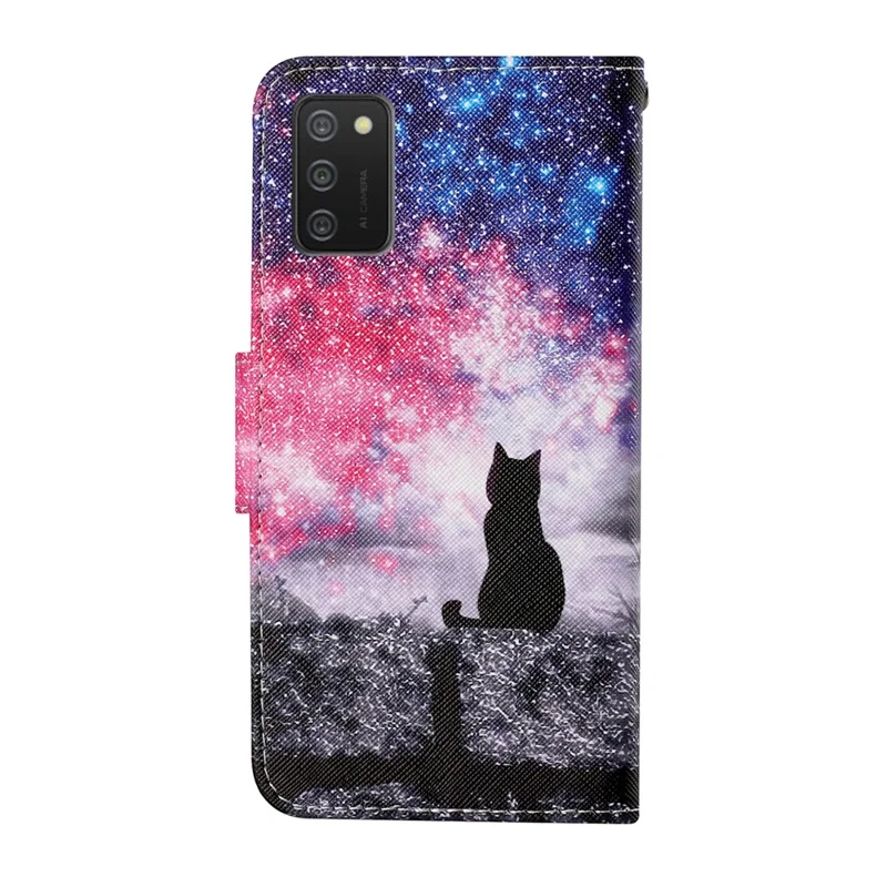 Wallet Design Pattern Printing Phone Cover PU Leather Stand Case with Strap for Samsung Galaxy A02s (164.2x75.9x9.1mm) - Cat