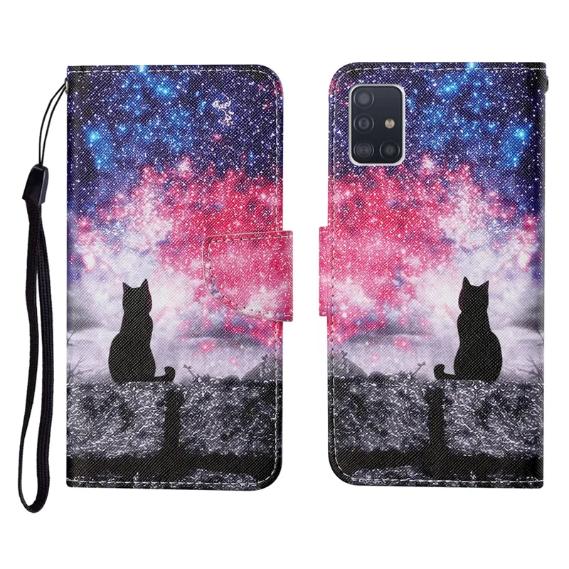 Cross Texture Pattern Printing PU Leather Full Protection Wallet Stand Phone Cover Case for Samsung Galaxy A71 4G SM-A715 - Black Cat