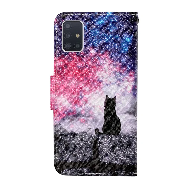 Cross Texture Pattern Printing PU Leather Full Protection Wallet Stand Phone Cover Case for Samsung Galaxy A71 4G SM-A715 - Black Cat