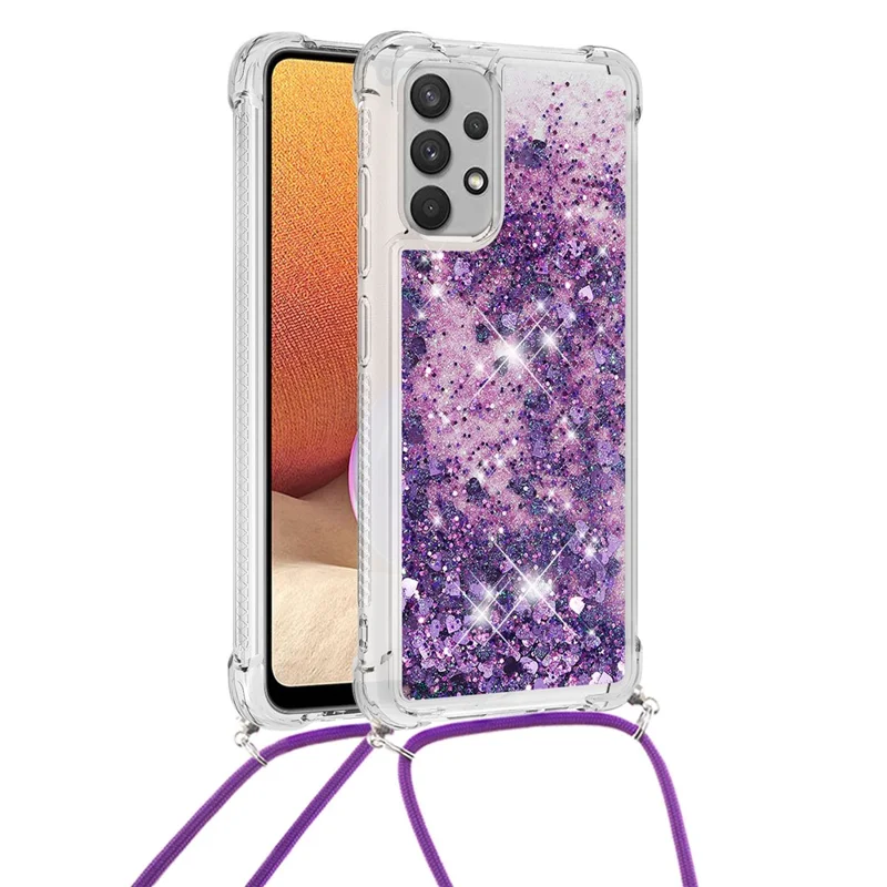 Drijvend Glitter TPU Hoesje met Band voor Samsung Galaxy A32 4G (US-versie) - Donkerpaars Hart