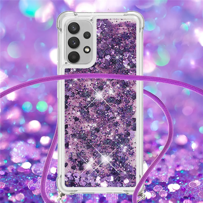 Drijvend Glitter TPU Hoesje met Band voor Samsung Galaxy A32 4G (US-versie) - Donkerpaars Hart