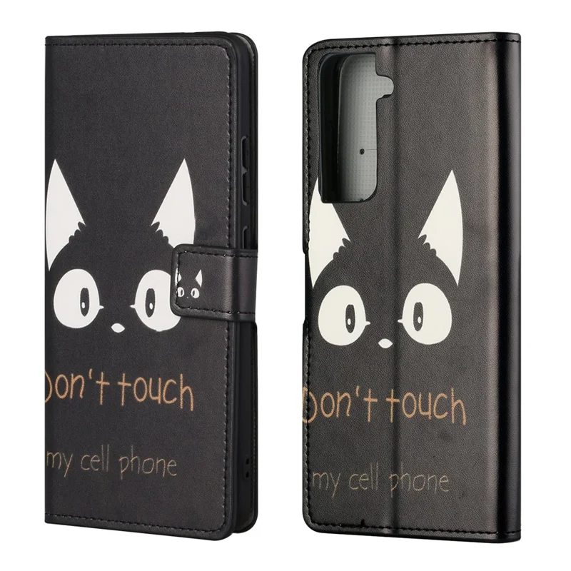 Pattern Printing Leather Wallet Stand Case for Samsung Galaxy S21 FE - Black Cat
