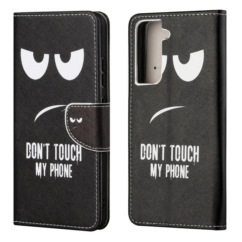 Pattern Printing Cross Texture Leather Wallet Stand Case for Samsung Galaxy S21 FE Cover - Don't Touch My Cell Phone