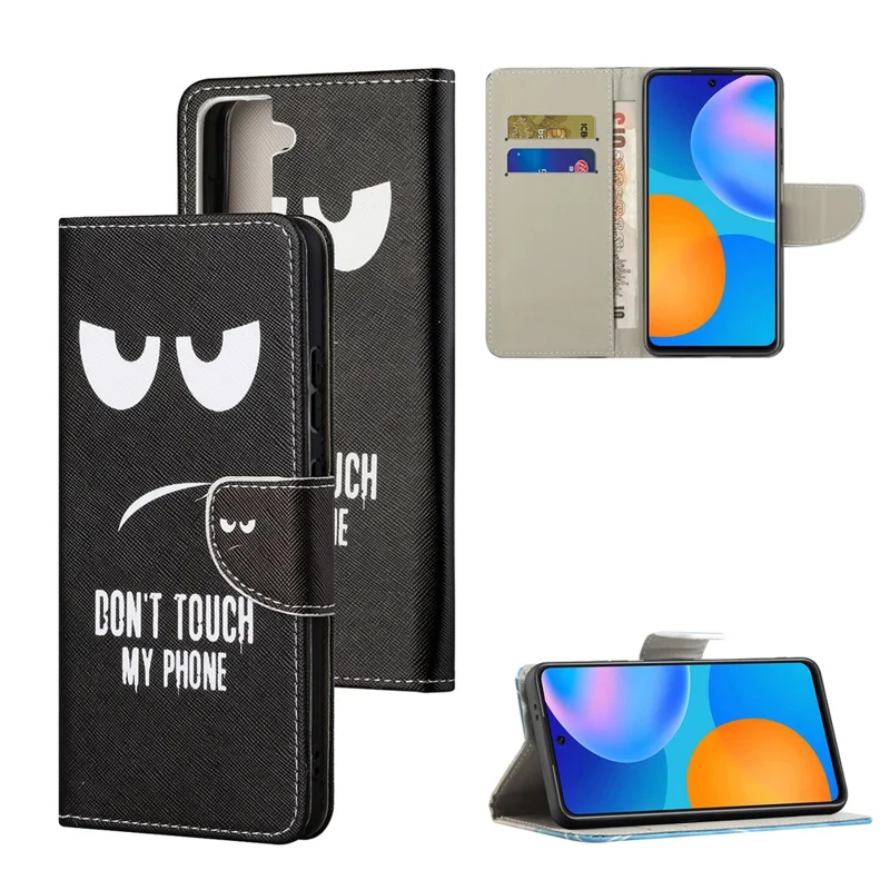 Pattern Printing Cross Texture Leather Wallet Stand Case for Samsung Galaxy S21 FE Cover - Don't Touch My Cell Phone