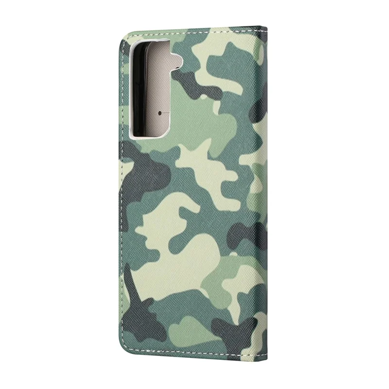 Pattern Printing Cross Texture Leather Wallet Stand Case for Samsung Galaxy S21 FE Cover - Camouflage