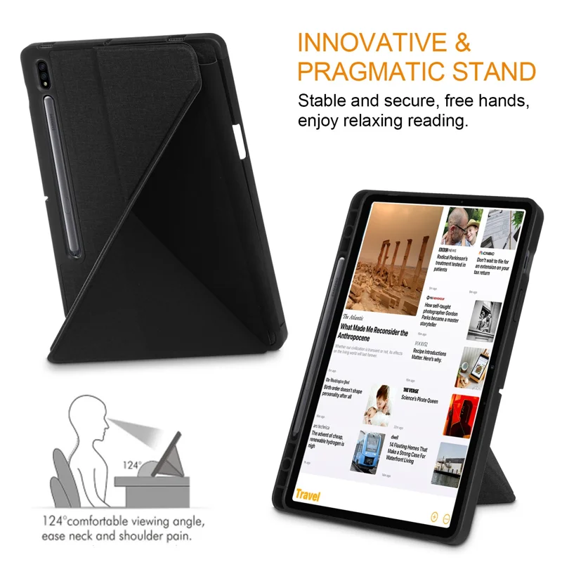 Origami Stand Strong Magnet Leather Smart Case with Pen Slot for Samsung Galaxy Tab S7 T870 T875/Tab S8 - Black