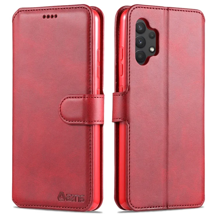 AZNS Wallet Design Leather Shell Phone Stand Cover Case for Samsung Galaxy A32 4G - Red