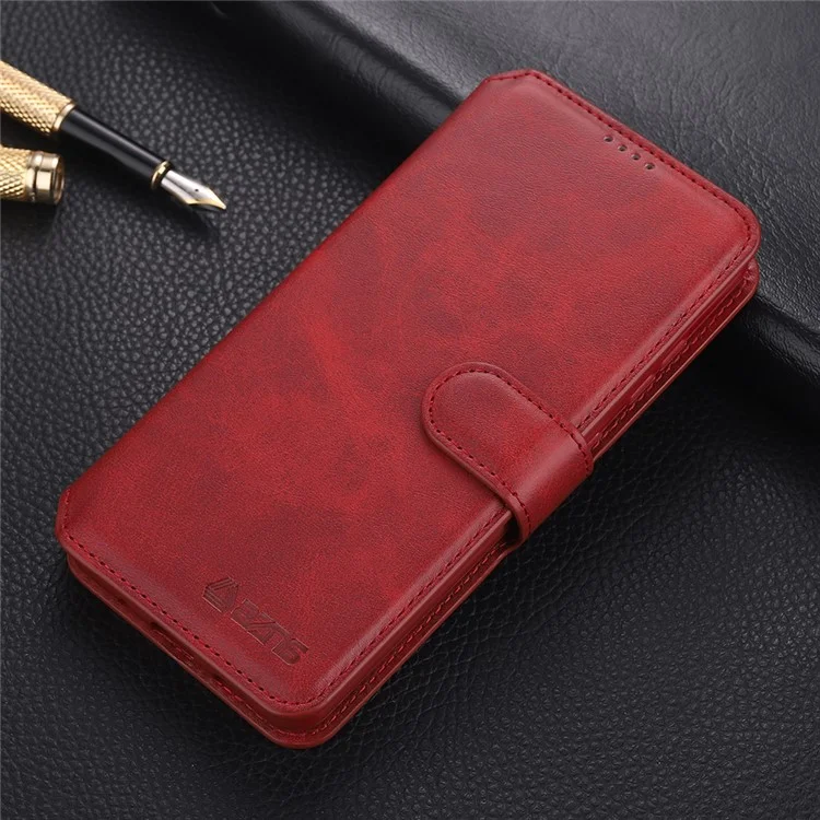 AZNS Wallet Design Leather Shell Phone Stand Cover Case for Samsung Galaxy A32 4G - Red